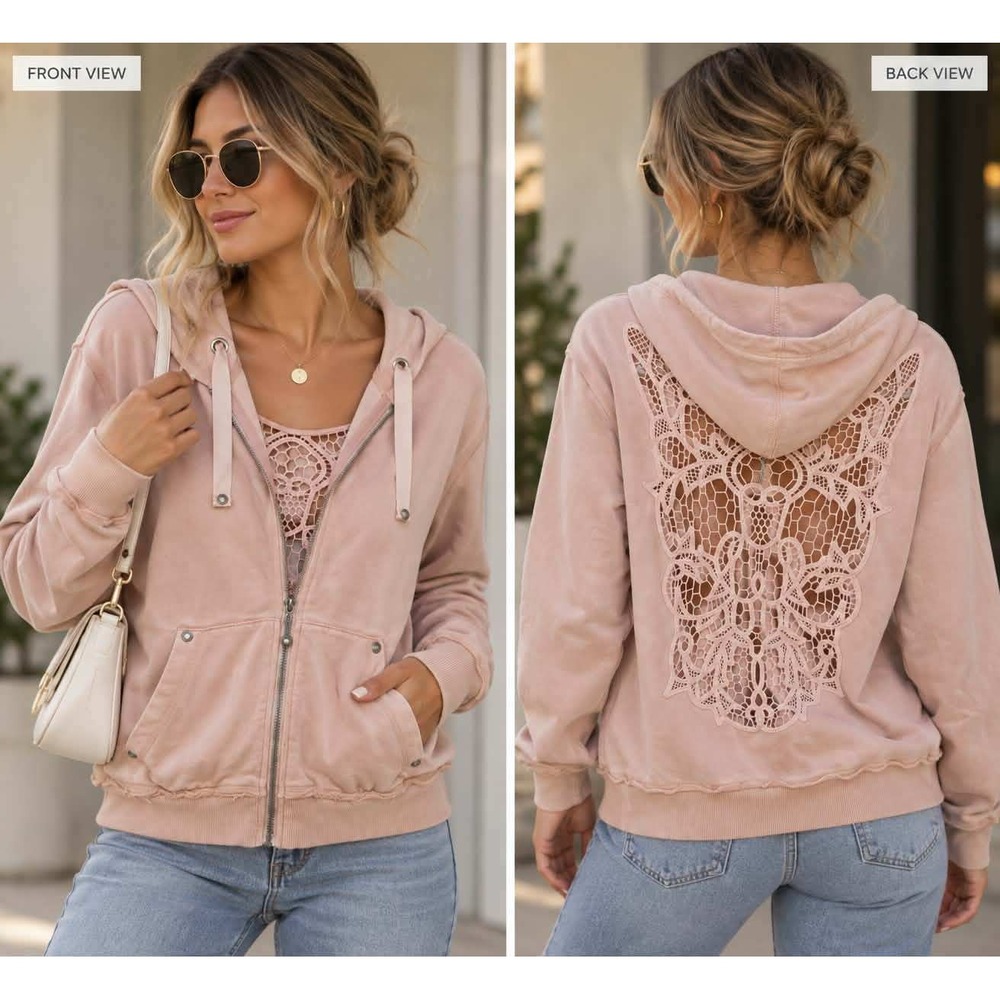 Seven7 XL Pink Skull Lace Appliqué Hoodie Full Zip Rhinestone Sweatshirt